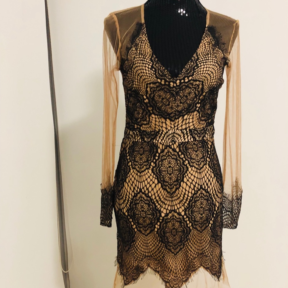 Nude and black sheer dress with lace